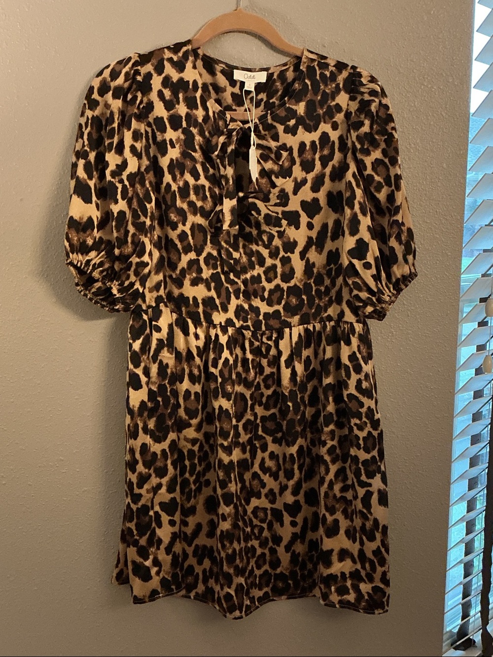 Oat Leopard Tie-Neck Puff Sleeve Mini Dress